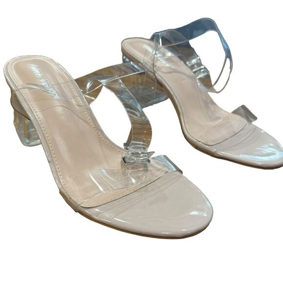 Public Desire Afternoon Nude Patent Clear Perspex PVC Block Mid Heels Sandals - Picture 6 of 10